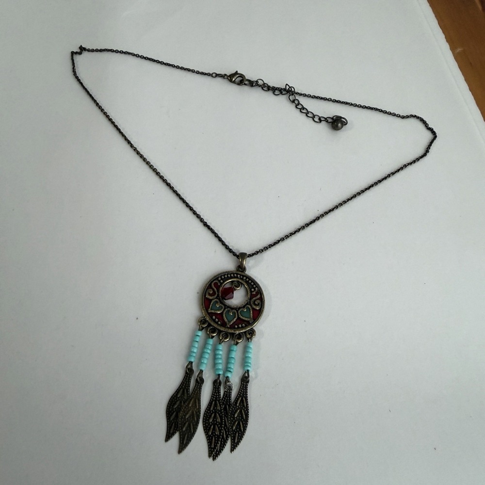 Dreamcatcher Hearts Turquoise Beads Feathers Bronze Necklace Rodeo festival